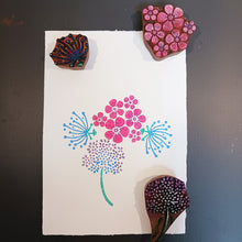 Load image into Gallery viewer, Set of 3 floral wood block prints in aqua colours
