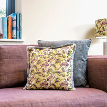 Load image into Gallery viewer, Cranes cushion - yellow/ plum