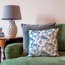 Load image into Gallery viewer, Pine Lanterns cushion - dove grey/ aqua blue