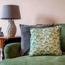 Load image into Gallery viewer, Cranes cushion - sage green/ orange