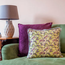 Load image into Gallery viewer, Cranes cushion - yellow/ plum