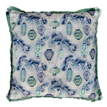 Load image into Gallery viewer, Pine Lanterns cushion - dove grey/ aqua blue
