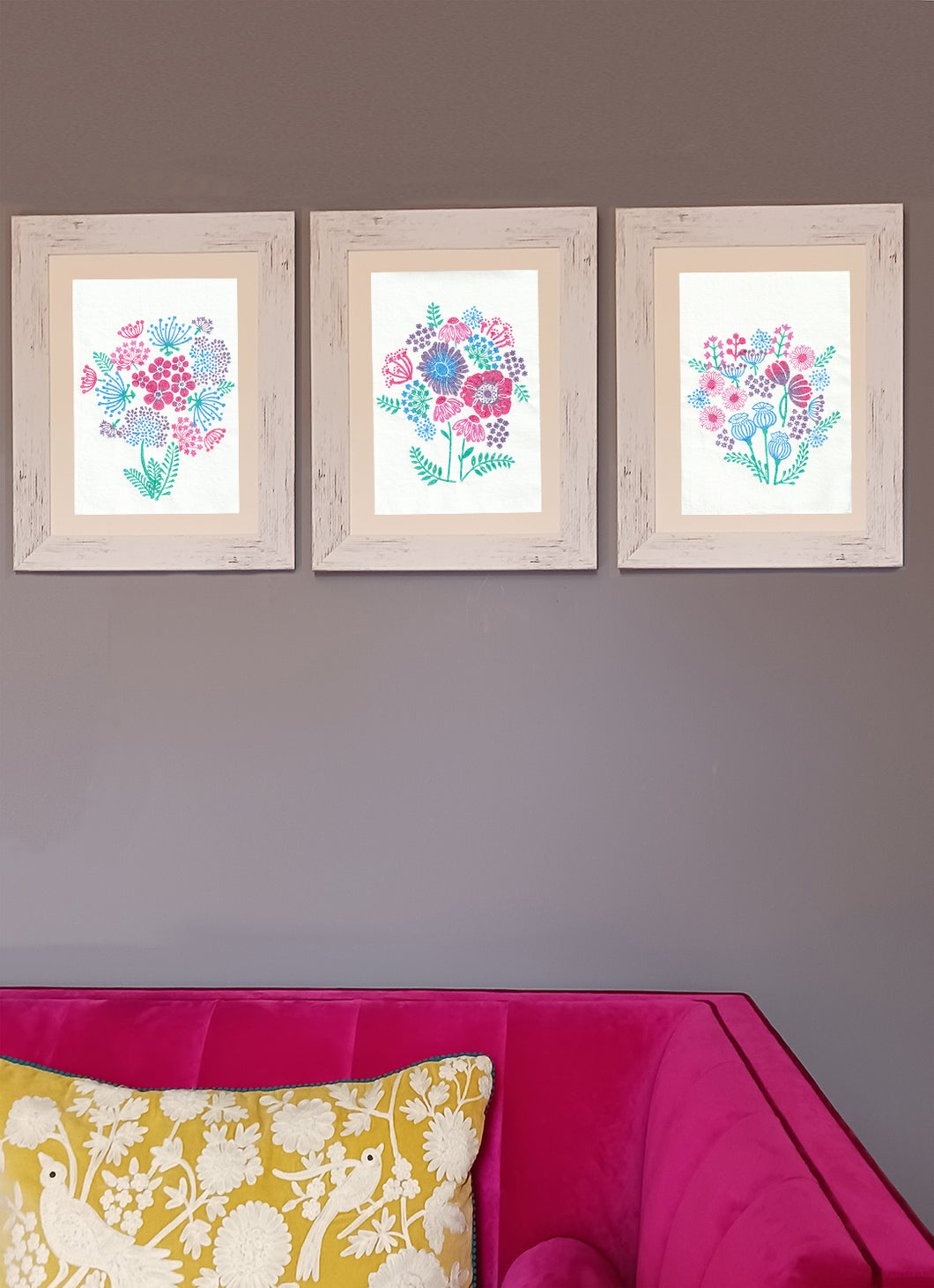 Set of 3 floral wood block prints in aqua colours