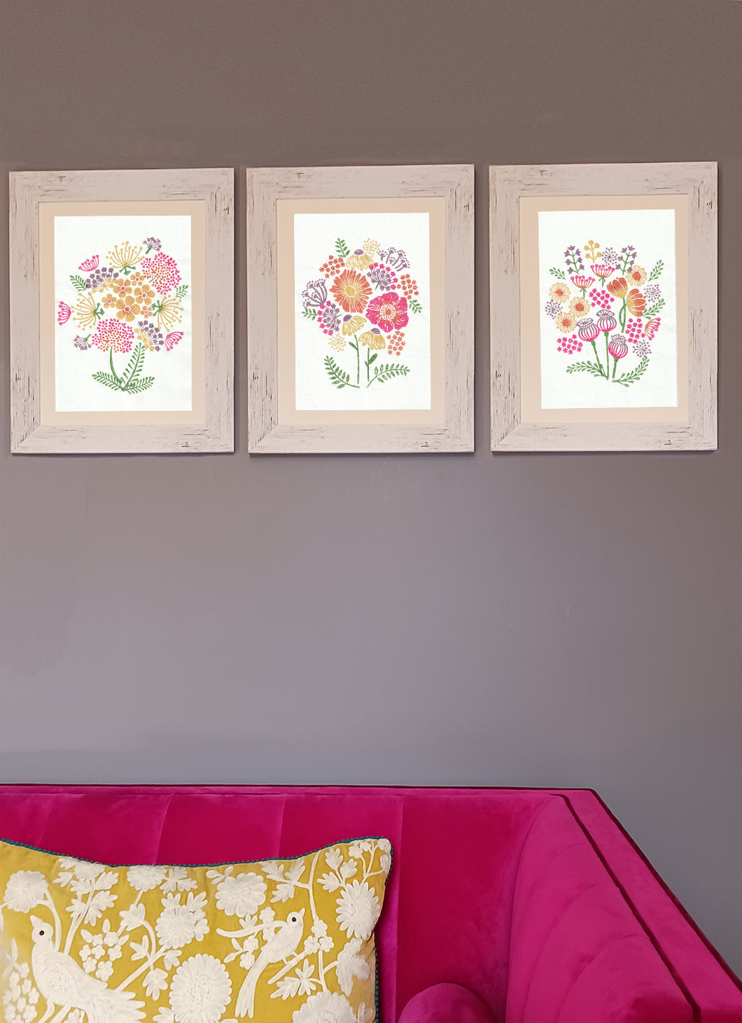 Set of 3 floral wood block prints in warm colours