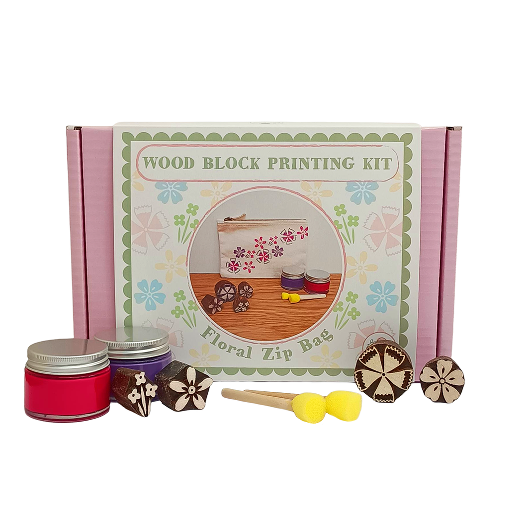 Floral zip bag wood block printing kit