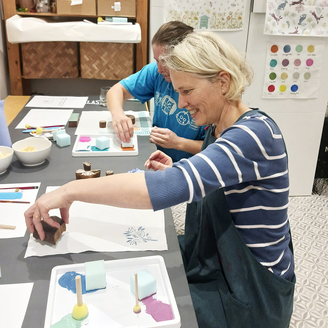 Wood block printing onto fabric