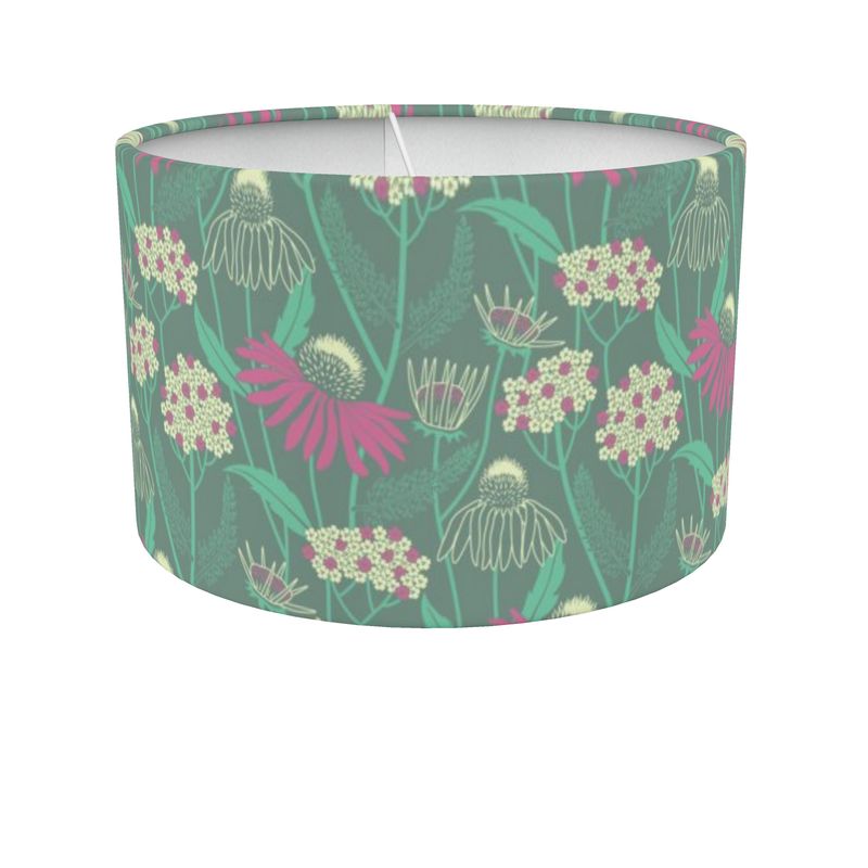 Echinacea drum lamp shade – sage green/ fuchsia pink