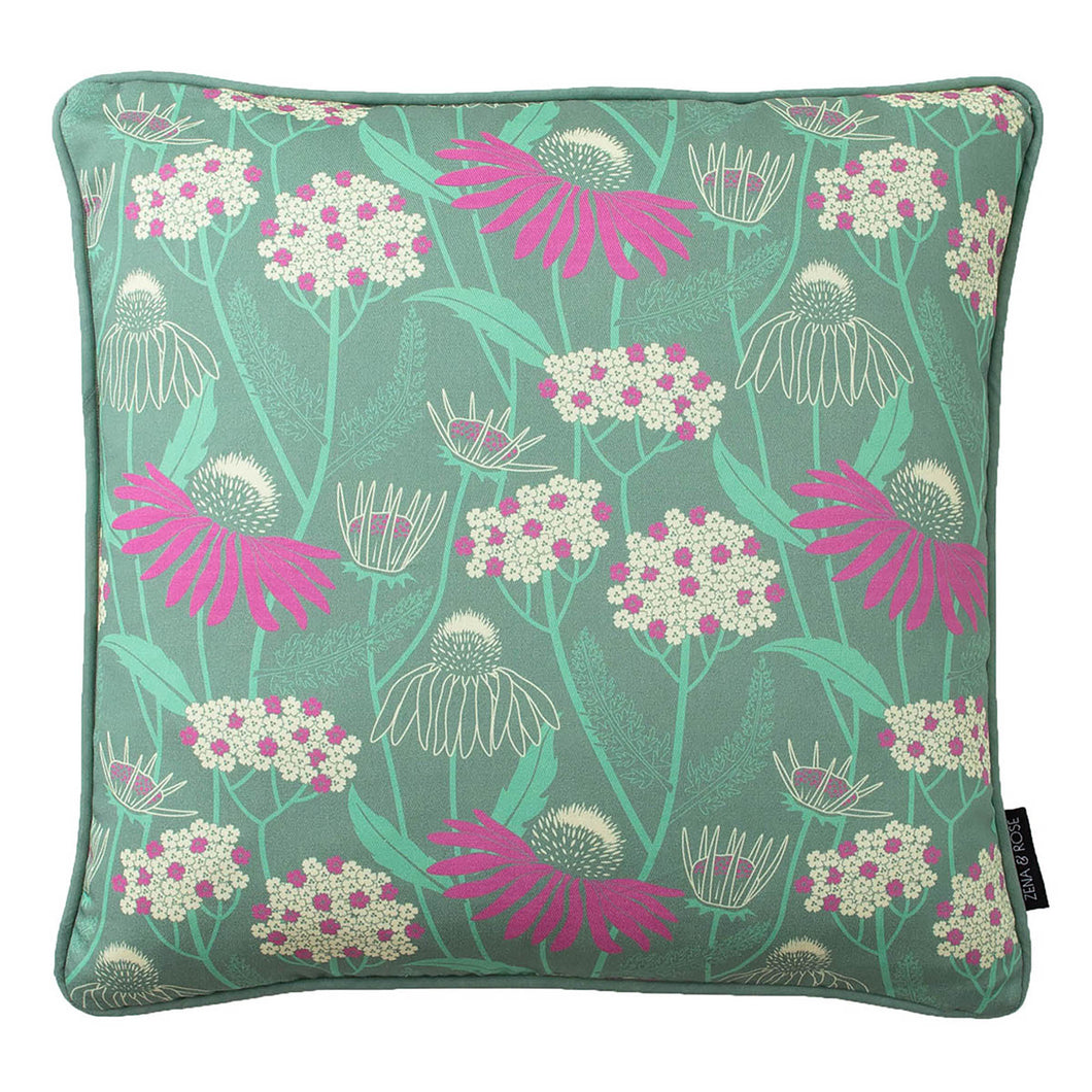 Echinacea cushion cover (linen/cotton) - sage green/ fuchsia pink
