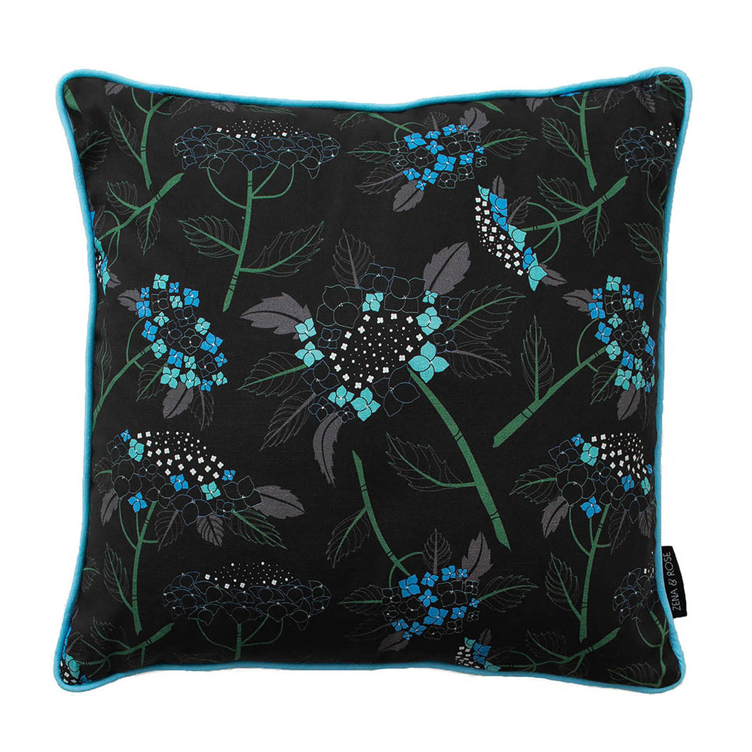 Hydrangea cushion cover (linen/cotton) - charcoal/ turquoise