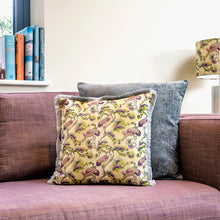 Load image into Gallery viewer, Cranes cushion - yellow/ plum
