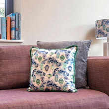 Load image into Gallery viewer, Pine Lanterns cushion - dove grey/ aqua blue
