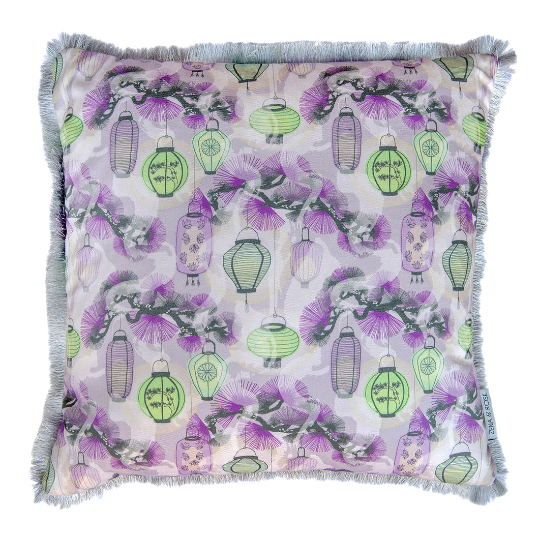 Pine Lanterns cushion - pink/ jade green