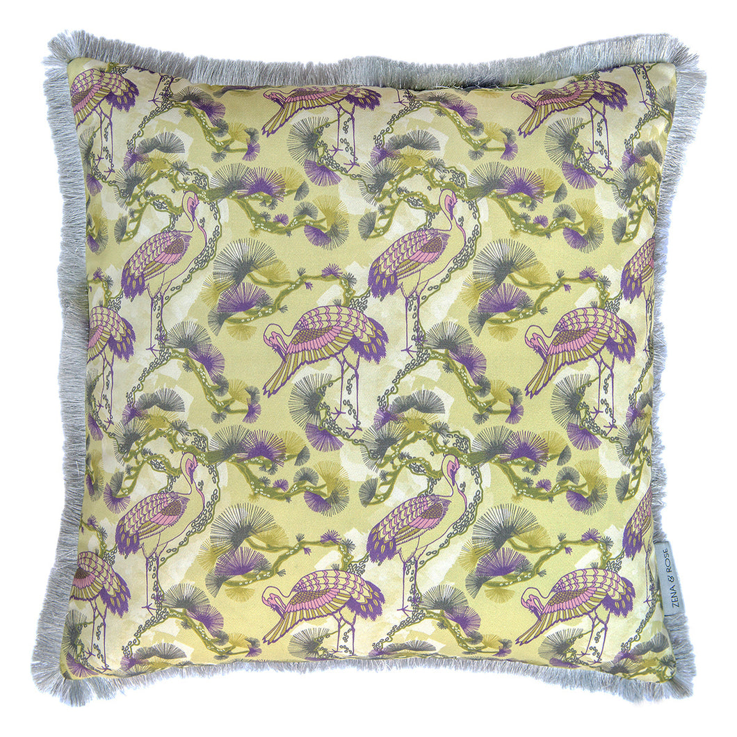 Cranes cushion - yellow/ plum